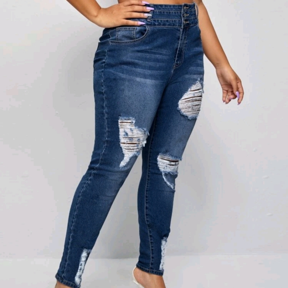 Shein 1X Blue Stretch Distressed Jeans - Picture 2 of 11